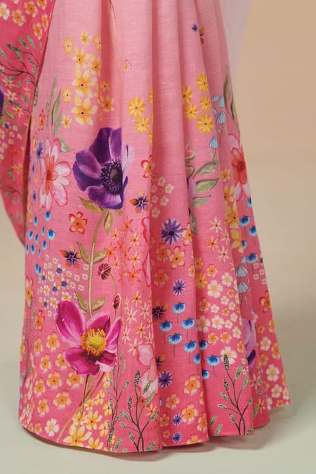 Dressfolk_Pink Linen Guldasta Print Saree With Running Blouse _Online_at_Aza_Fashions