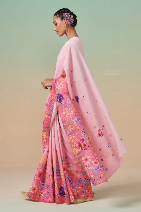 Buy_Dressfolk_Pink Linen Guldasta Print Saree With Running Blouse _Online_at_Aza_Fashions