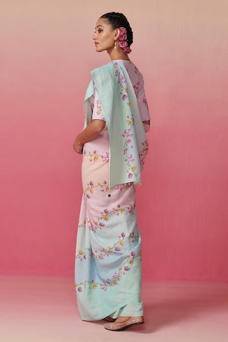 Dressfolk Multi Color Floral Vine Linen Saree with Running Blouse 