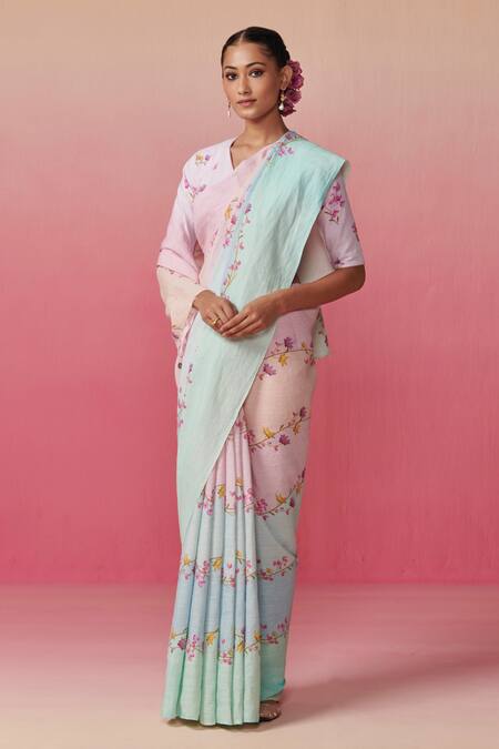 Buy_Dressfolk_Multi Color Linen Floral Vine Saree With Running Blouse _Online_at_Aza_Fashions