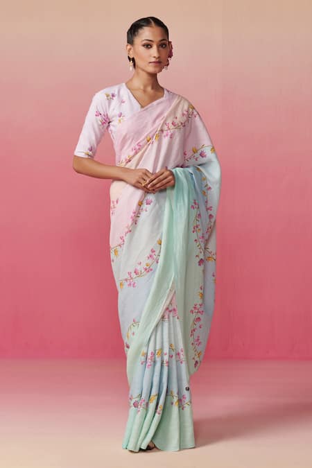 Shop_Dressfolk_Multi Color Linen Floral Vine Saree With Running Blouse _Online_at_Aza_Fashions