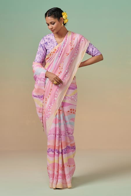 Dressfolk Floral Print Linen Saree With Unstitched Blouse Piece 