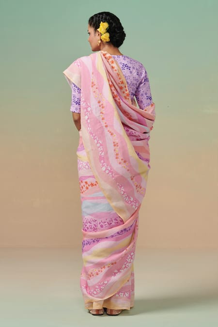 Dressfolk Floral Print Linen Saree with Running Blouse 