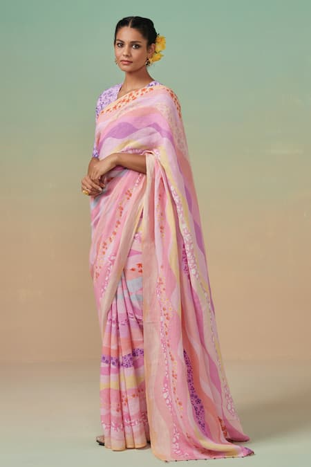 Dressfolk_Multi Color Linen Floral Print Saree With Running Blouse _Online_at_Aza_Fashions
