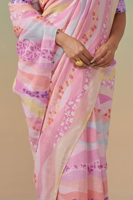 Buy_Dressfolk_Multi Color Linen Floral Print Saree With Running Blouse _Online_at_Aza_Fashions