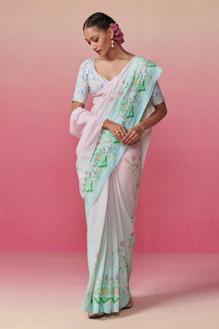 Dressfolk_Blue Linen Embroidery Floral Garden Print Saree With Running Blouse _Online_at_Aza_Fashions