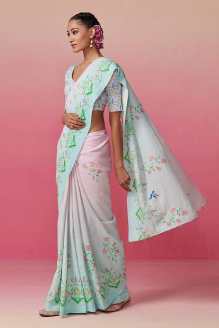 Buy_Dressfolk_Blue Linen Embroidery Floral Garden Print Saree With Running Blouse _Online_at_Aza_Fashions
