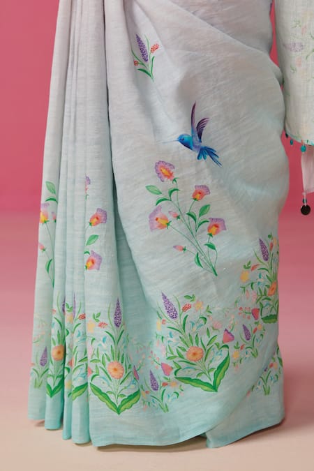 Shop_Dressfolk_Blue Linen Embroidery Floral Garden Print Saree With Running Blouse _Online_at_Aza_Fashions