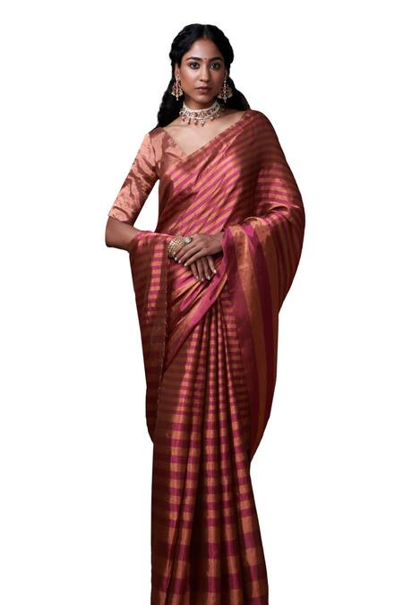 Dressfolk_Magenta Tissue Stripe Woven Handloom Saree With Running Blouse_Online_at_Aza_Fashions