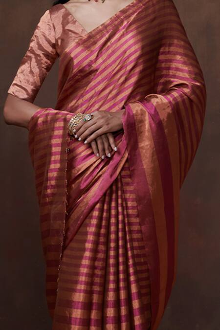 Buy_Dressfolk_Magenta Tissue Stripe Woven Handloom Saree With Running Blouse_Online_at_Aza_Fashions