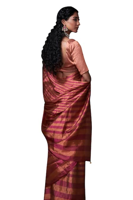 Shop_Dressfolk_Magenta Tissue Stripe Woven Handloom Saree With Running Blouse_Online_at_Aza_Fashions