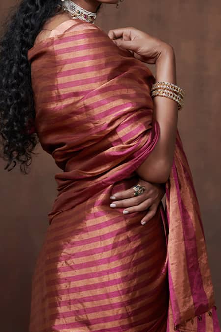 Dressfolk_Magenta Tissue Stripe Woven Handloom Saree With Running Blouse_at_Aza_Fashions