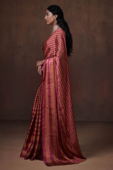 Buy_Dressfolk_Magenta Tissue Stripe Woven Handloom Saree With Running Blouse