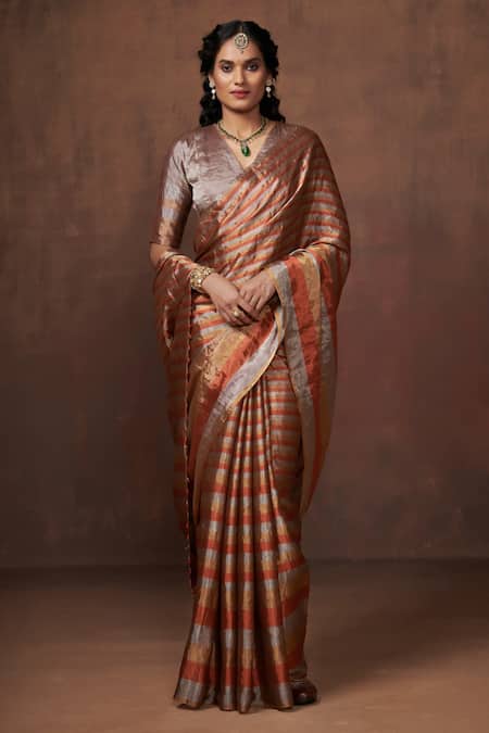 Dressfolk_Gold Tissue Handwoven Stripe Pattern Saree With Running Blouse_Online_at_Aza_Fashions