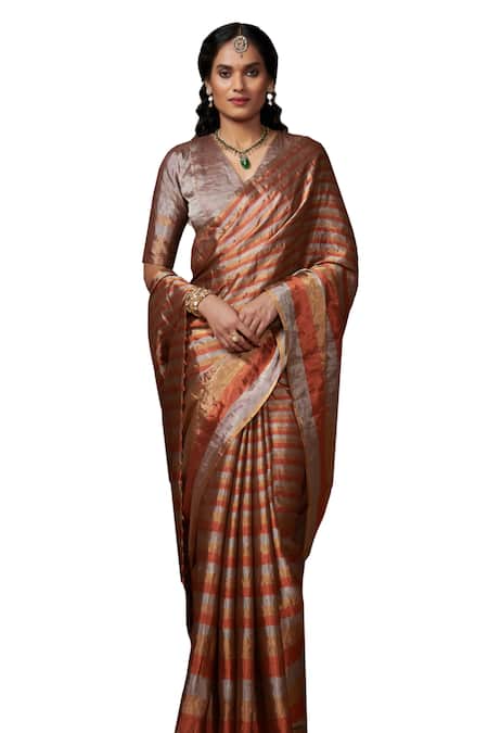 Buy_Dressfolk_Gold Tissue Handwoven Stripe Pattern Saree With Running Blouse_Online_at_Aza_Fashions