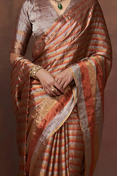 Shop_Dressfolk_Gold Tissue Handwoven Stripe Pattern Saree With Running Blouse_Online_at_Aza_Fashions