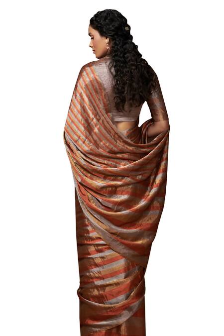Dressfolk_Gold Tissue Handwoven Stripe Pattern Saree With Running Blouse_at_Aza_Fashions