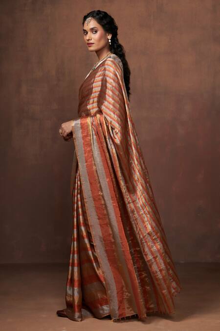 Shop_Dressfolk_Gold Tissue Handwoven Stripe Pattern Saree With Running Blouse