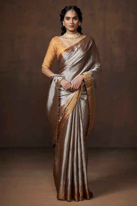 Dressfolk Silver Tissue Plain Metallic Handloom Saree With Unstitched Blouse Piece 