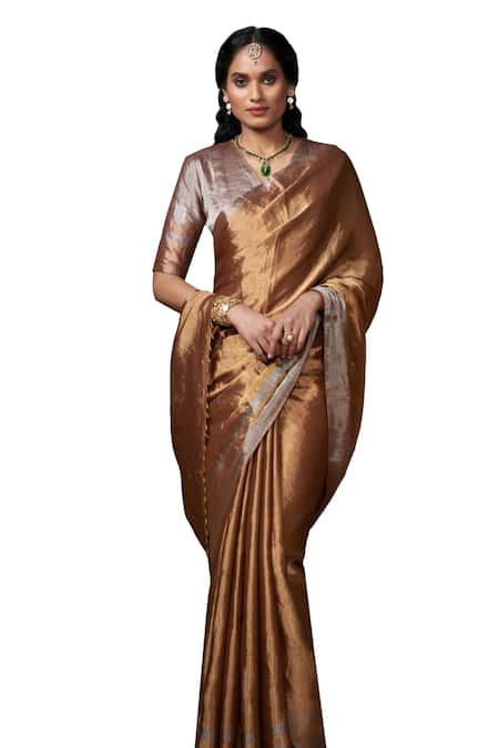 Dressfolk_Gold Tissue Metallic Handloom Saree With Running Blouse _Online_at_Aza_Fashions