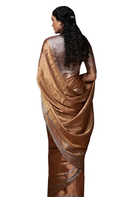 Shop_Dressfolk_Gold Tissue Metallic Handloom Saree With Running Blouse _Online_at_Aza_Fashions