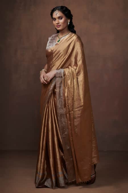 Dressfolk_Gold Tissue Metallic Handloom Saree With Running Blouse _at_Aza_Fashions