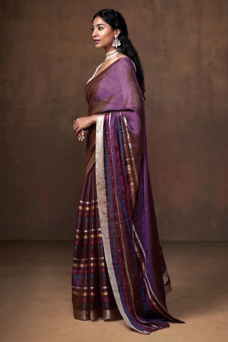 Dressfolk_Purple Tissue Zari Stripe Saree With Running Blouse _Online_at_Aza_Fashions