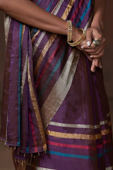 Buy_Dressfolk_Purple Tissue Zari Stripe Saree With Running Blouse _Online_at_Aza_Fashions