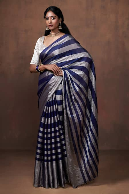 Dressfolk Blue Tissue Zari Stripe Dual Tone Pattern Saree With Unstitched Blouse Piece 