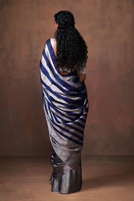 Shop Dressfolk Blue Tissue Zari Stripe Pattern Saree With Running Blouse at Aza Fashions Shop_Dressfolk_Blue Tissue Zari Stripe Pattern Saree With Running Blouse _at_Aza_Fashions