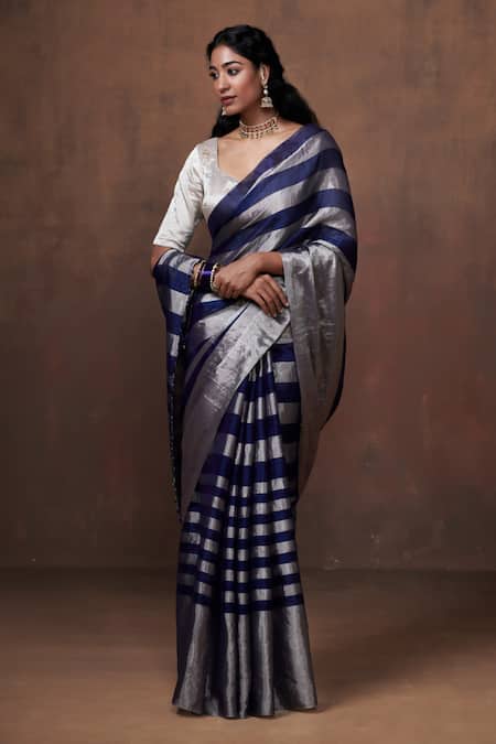 Buy Dressfolk Blue Tissue Zari Stripe Pattern Saree With Running Blouse Online at Aza Fashions Buy_Dressfolk_Blue Tissue Zari Stripe Pattern Saree With Running Blouse _Online_at_Aza_Fashions