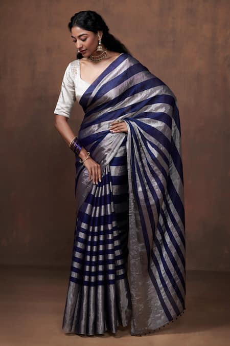 Shop Dressfolk Blue Tissue Zari Stripe Pattern Saree With Running Blouse Online at Aza Fashions Shop_Dressfolk_Blue Tissue Zari Stripe Pattern Saree With Running Blouse _Online_at_Aza_Fashions