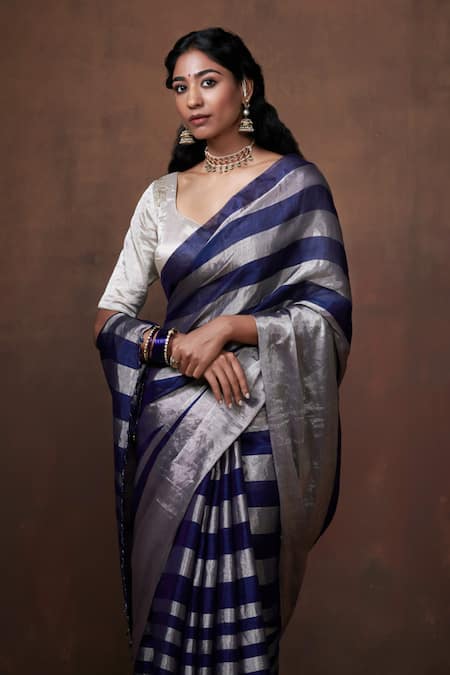 Buy Dressfolk Blue Tissue Zari Stripe Pattern Saree With Running Blouse Buy_Dressfolk_Blue Tissue Zari Stripe Pattern Saree With Running Blouse