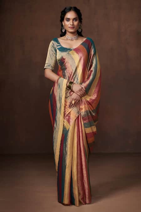 Dressfolk Multi Color Zari Stripe Saree with Running Blouse 