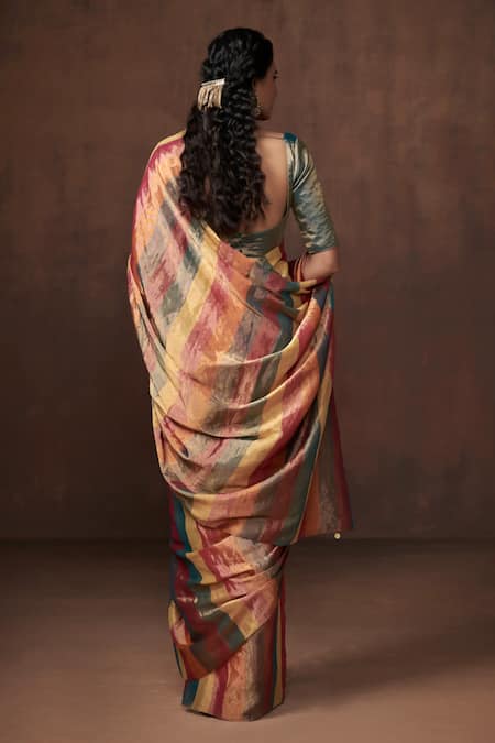 Dressfolk Multi Color Zari Stripe Saree with Running Blouse 