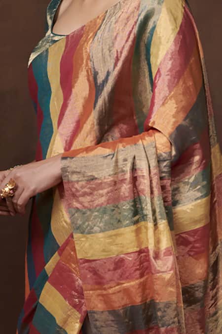 Buy_Dressfolk_Multi Color Tissue Zari Stripe Saree With Running Blouse _Online_at_Aza_Fashions