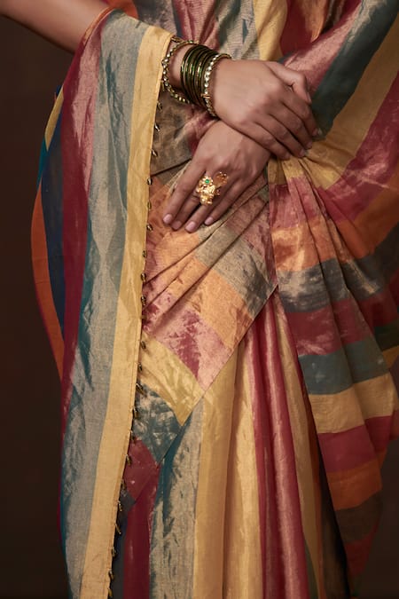 Buy_Dressfolk_Multi Color Tissue Zari Stripe Saree With Running Blouse 