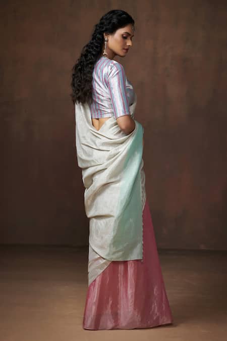 Dressfolk_Silver Tissue Beads Designer Color Block Saree With Running Blouse_Online_at_Aza_Fashions