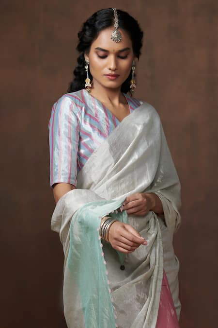 Shop_Dressfolk_Silver Tissue Beads Designer Color Block Saree With Running Blouse_Online_at_Aza_Fashions