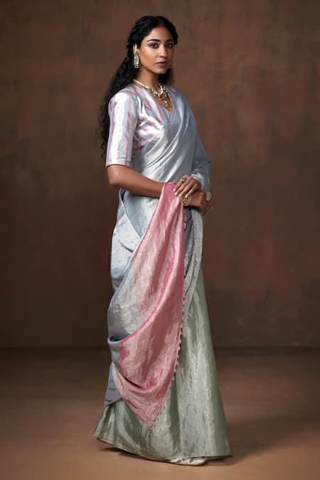 Dressfolk_Silver Tissue Beads Two Tone Handwoven Saree With Running Blouse_Online_at_Aza_Fashions
