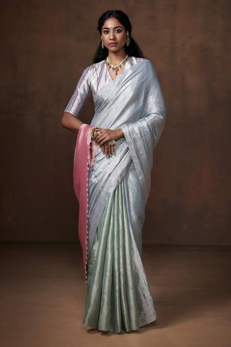 Buy_Dressfolk_Silver Tissue Beads Two Tone Handwoven Saree With Running Blouse_Online_at_Aza_Fashions