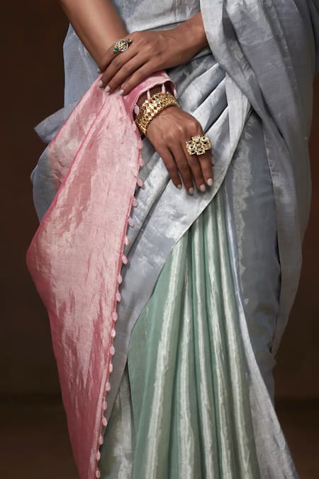 Shop_Dressfolk_Silver Tissue Beads Two Tone Handwoven Saree With Running Blouse_Online_at_Aza_Fashions