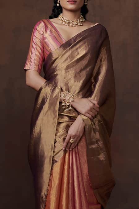 Dressfolk_Multi Color Tissue Block Handwoven Saree With Running Blouse _Online_at_Aza_Fashions