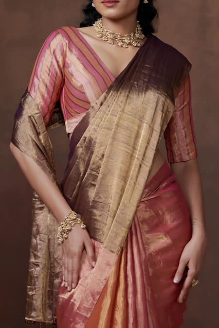 Shop_Dressfolk_Multi Color Tissue Block Handwoven Saree With Running Blouse _Online_at_Aza_Fashions