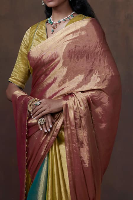 Dressfolk_Multi Color Tissue Handwoven Block Saree With Running Blouse _Online_at_Aza_Fashions