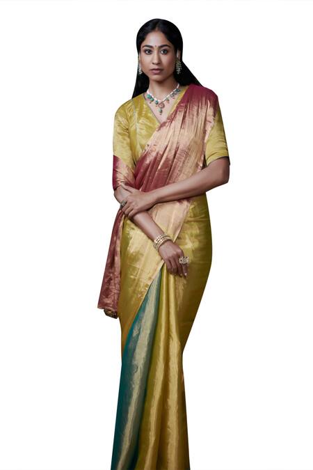 Buy_Dressfolk_Multi Color Tissue Handwoven Block Saree With Running Blouse _Online_at_Aza_Fashions
