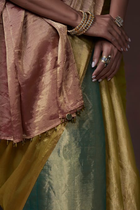 Shop_Dressfolk_Multi Color Tissue Handwoven Block Saree With Running Blouse _Online_at_Aza_Fashions