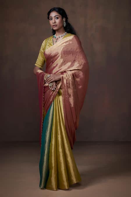 Buy_Dressfolk_Multi Color Tissue Handwoven Block Saree With Running Blouse 