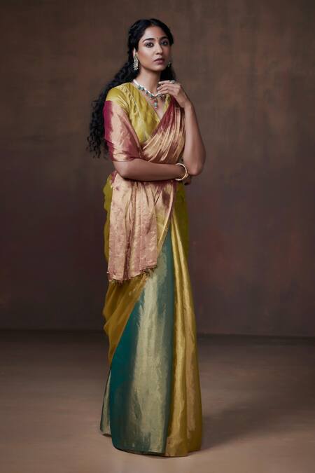 Shop_Dressfolk_Multi Color Tissue Handwoven Block Saree With Running Blouse 