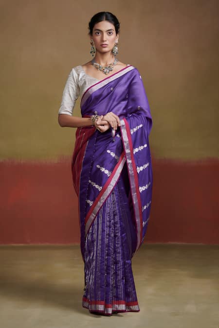 Dressfolk Purple Silk Woven Floral Butti Pattern Saree With Unstitched Blouse Piece 